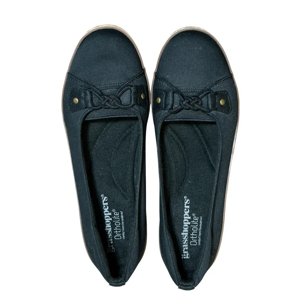 Grasshoppers Betty Black Fabric Cork Wedge Ortholite Slip On Shoes EF57920 8M